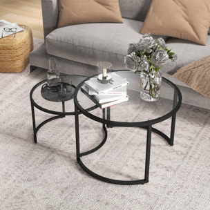 Juego de 2 Mesas Nido, Mesas de Centro para Salón Redondas, Tablero de Vidrio Templado y Marco de Acero, para Dormitorio y Oficina, Grande 70 cm, Pequeña 54 cm, Negro y Transparente