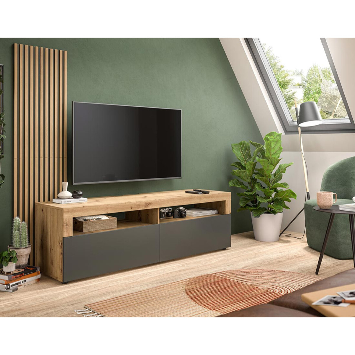 Brentford - meuble tv - effet bois et gris - 2 portes - 160 cm - Bois / Gris