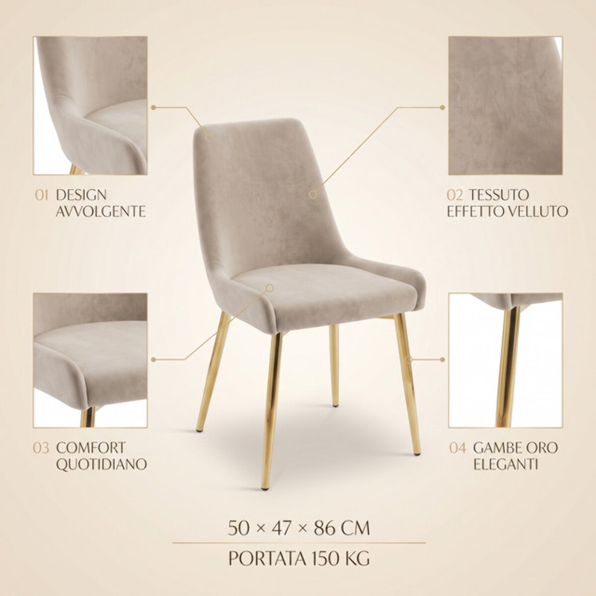 Sedia Imbottita in Effetto Velluto con Gambe Oro, Design Moderno ed Elegante per Sala da Pranzo, Cucina, Soggiorno, Studio e Ufficio