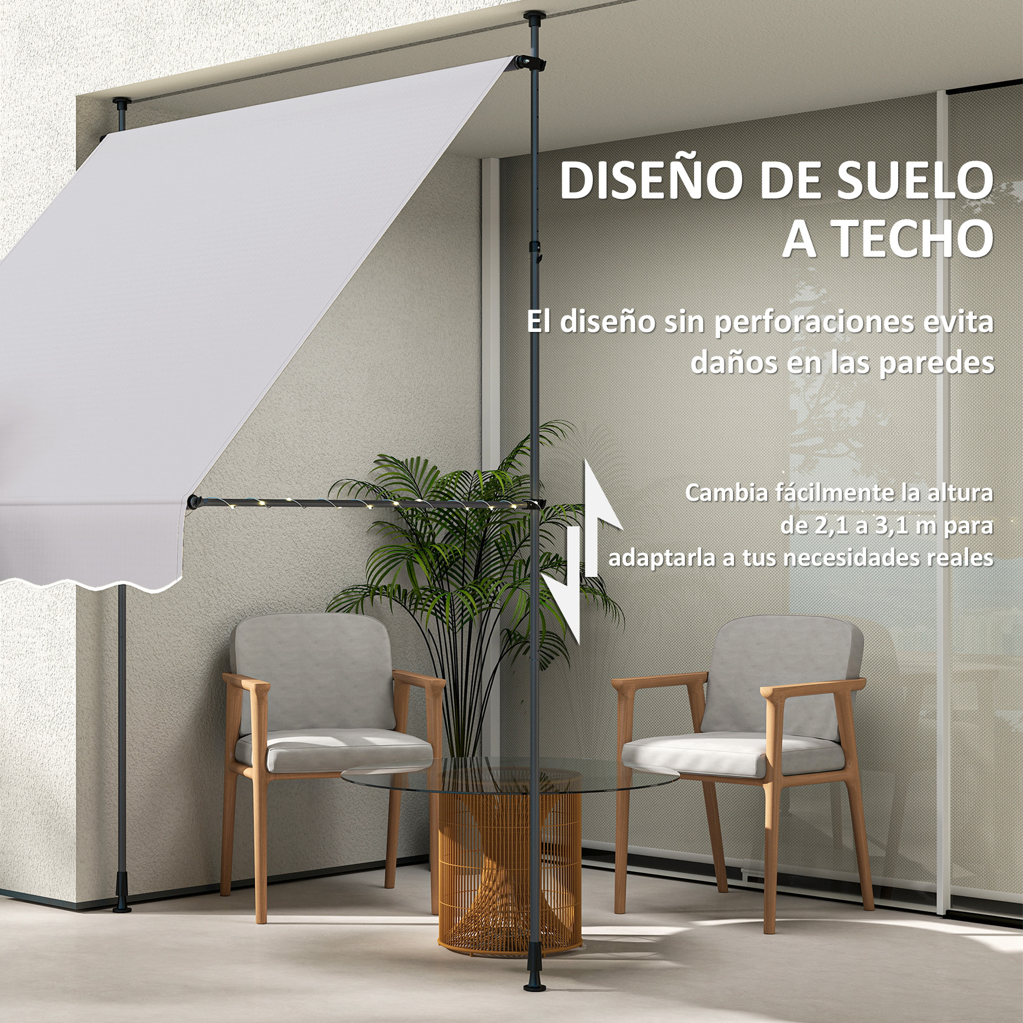 Toldo Manual Retráctil 2x1,2 m Toldo Exterior Terraza Enrollable Altura Ajustable con Manivela 210-310 cm Protección UV30+ Sin Taladro para Jardín Balcón Patio Gris