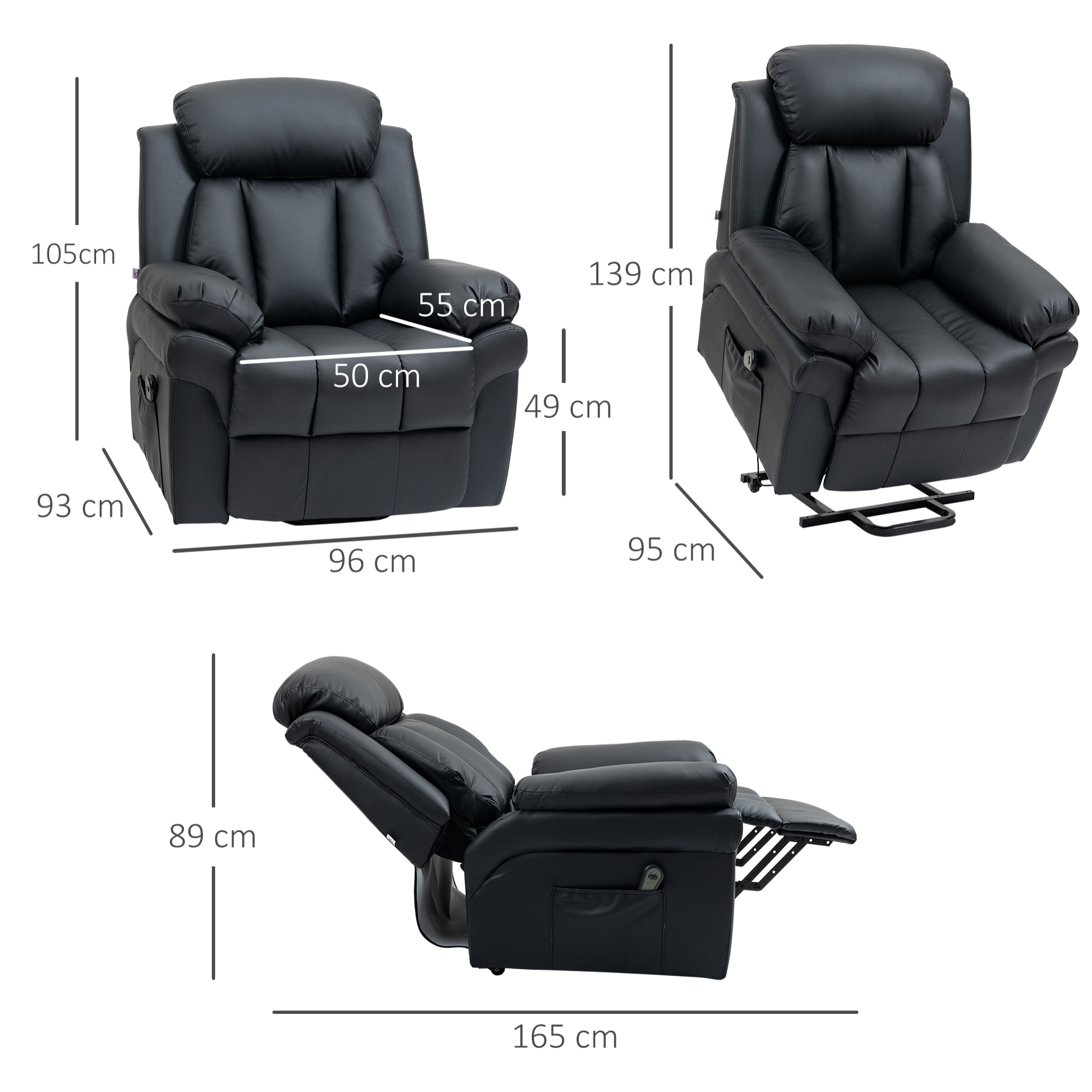 Fauteuil releveur inclinable avec repose-pied ajustable - fauteuil de relaxation électrique - revêtement synthétique noir