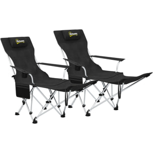 Lot de 2 chaises de camping pliantes - repose-pied amovible, rangements - sac transport - noir