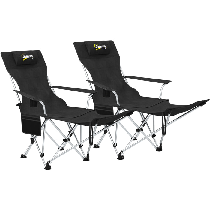 Lot de 2 chaises de camping pliantes - repose-pied amovible, rangements - sac transport - noir