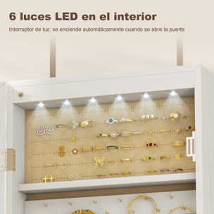 Espejo Joyero con Luz LED, Armario Joyero Montado en la Pared o en la Puerta, Armario para Joyas con Cerradura, Espejo Entero, Blanco