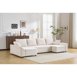 Canapé d'angle panoramique convertible en tissu texturé "Vaugirard II" - 5 places - Beige