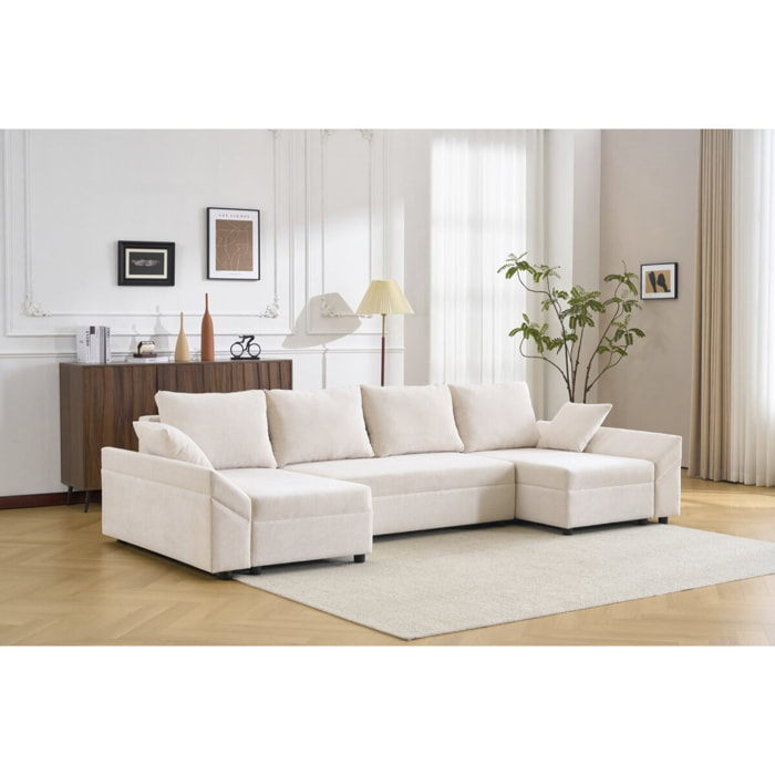Canapé d'angle panoramique convertible en tissu texturé "Vaugirard II" - 5 places - Beige