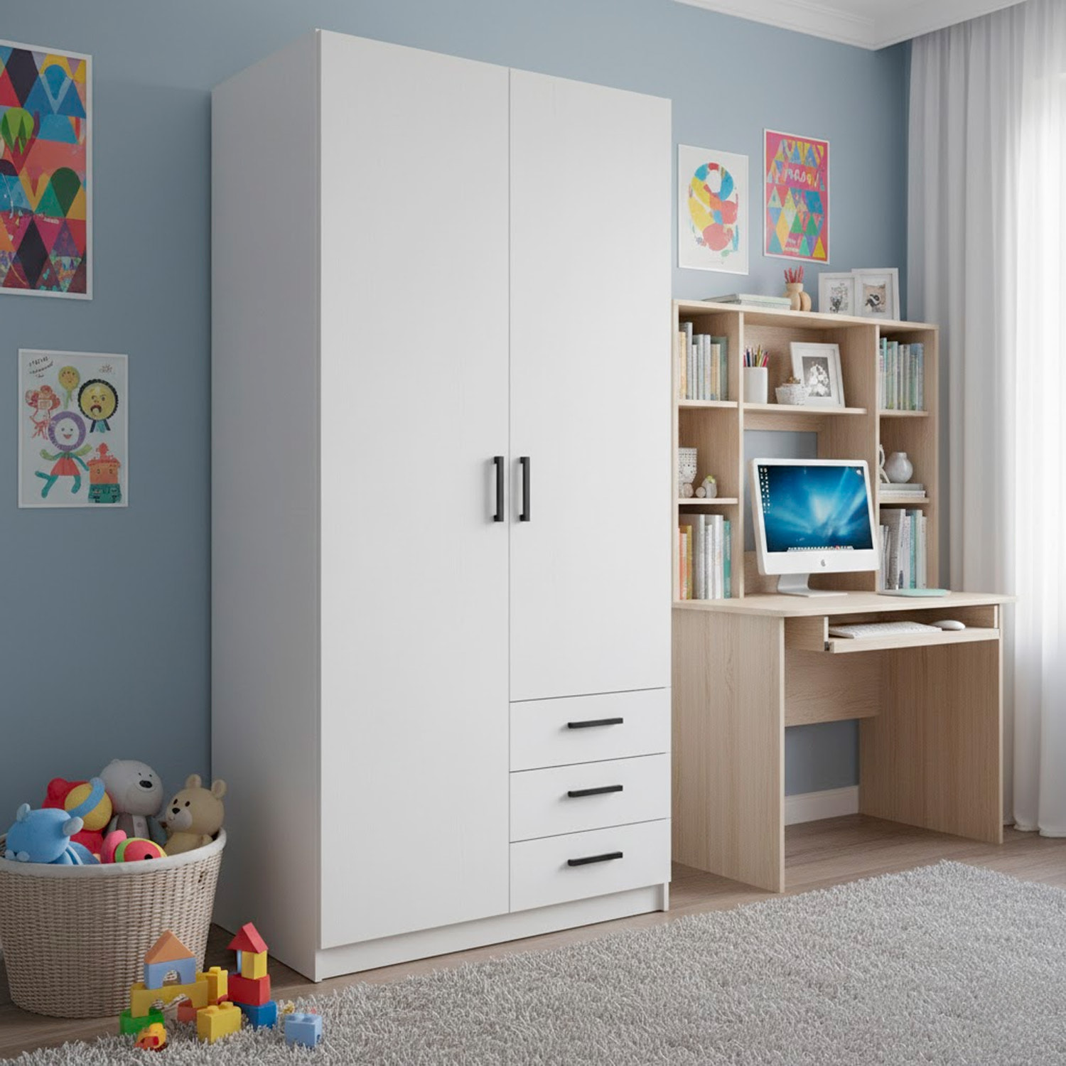 Armadio Con 2 Ante E 3 Cassetti Armadietto Multiuso Con Barra Appendiabiti E 4 Ripiani Di Cui 2 Regolabili Design Moderno 98.5x49.8x200.4 Cm Bianco