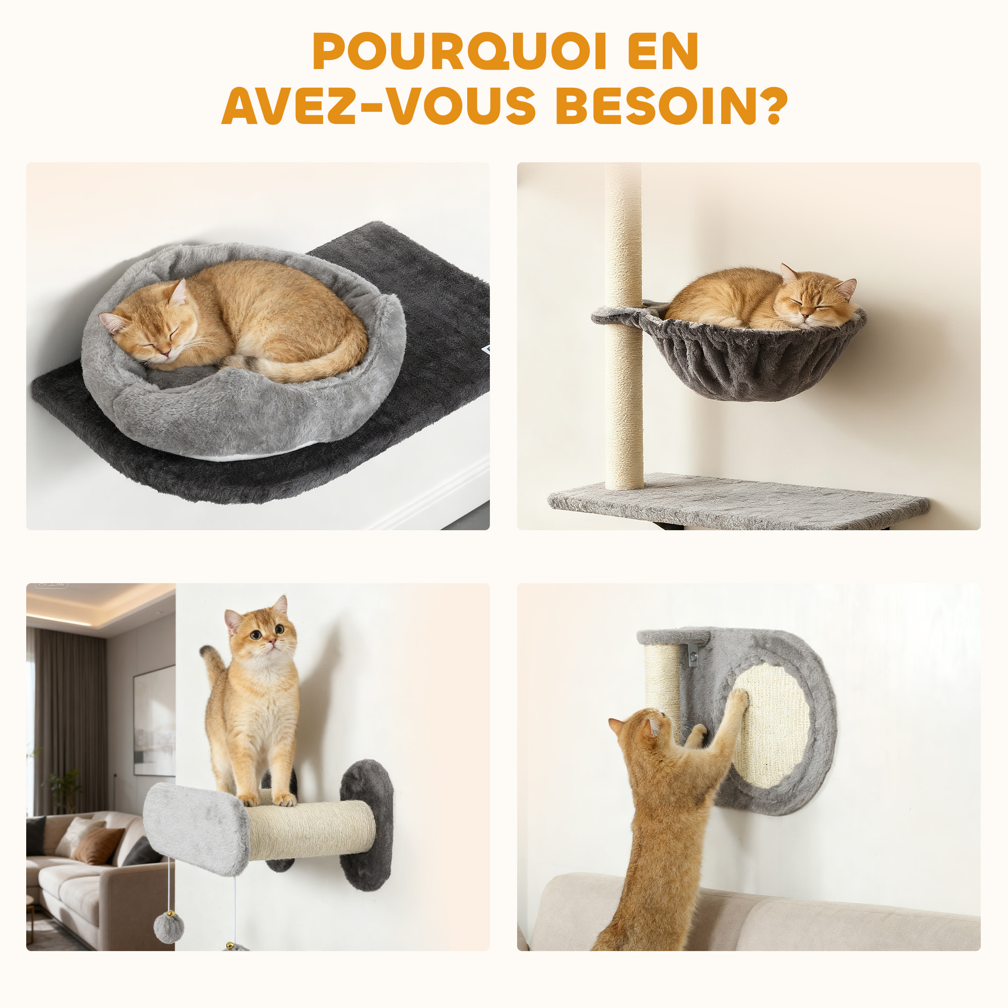 Arbre à chat design mural - parcours mural en bois pour chat 5 pièces variées - crème gris