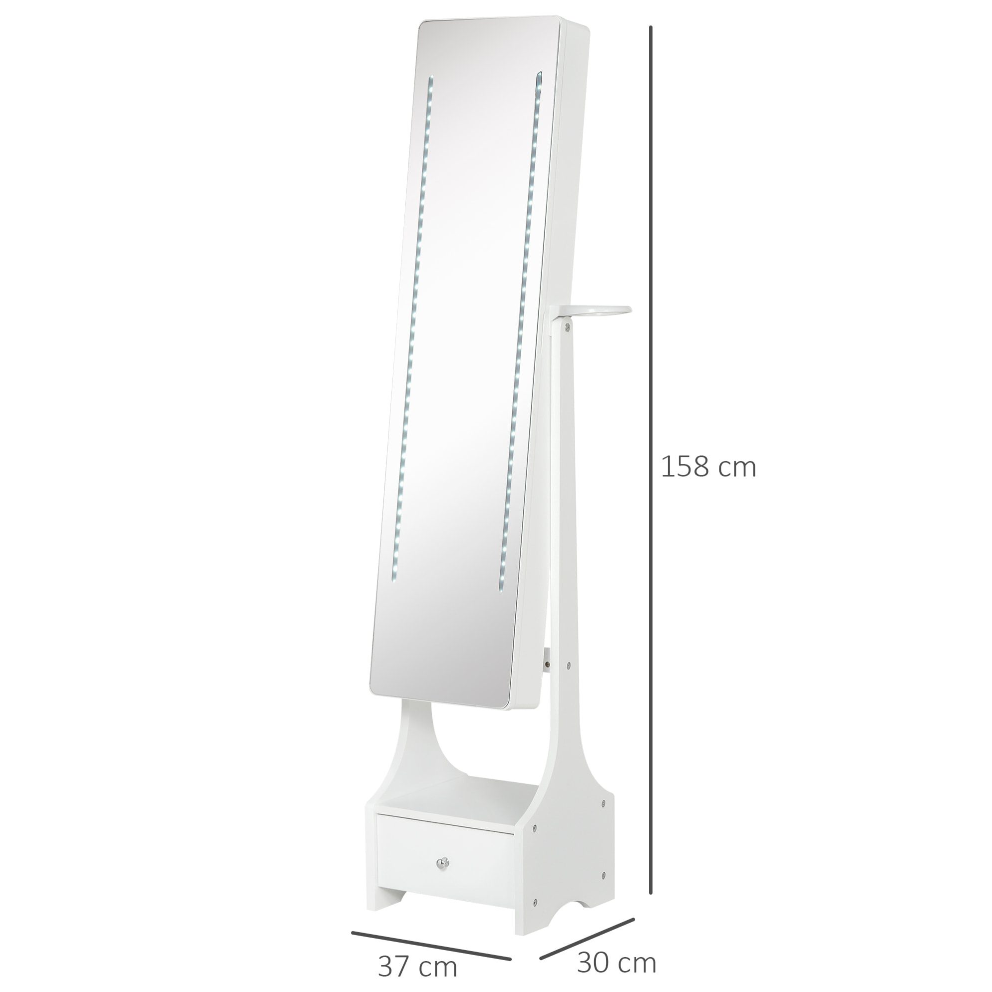 Espejo Joyero de Pie con Luz Armario para Joyas con Espejo de Cuerpo Entero 3 ángulos Ajustables con Cajón y Colgador para Secador 37x30x158 cm Blanco
