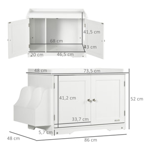 Maison de toilette pour chat table d'appoint 2 en 1 - 2 portes, cloison amovible, rangement latéral - blanc