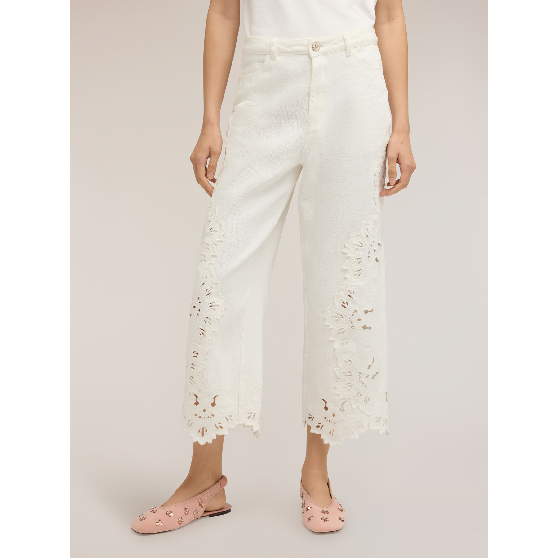 Motivi - Pantalones cropped con bordados sangallo - Blanco