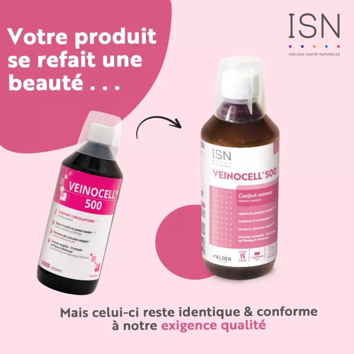 Ineldea Santé Naturelle - Veinocell 500- Confort circulatoire -Sans gluten – Sans allergène – Sans OGM – Sans aspartame - Cure de 15 j - Flacon de 500 ml avec bouchon doseur