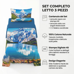 Completo lenzuola una piazza e mezza in cotone con stampa alta qualità, set letto con lenzuolo sopra, sotto con angoli e federa, morbido e traspirante per pelli sensibili, colori brillanti e durevoli, certificato OEKO-TEX, comfort quotidiano