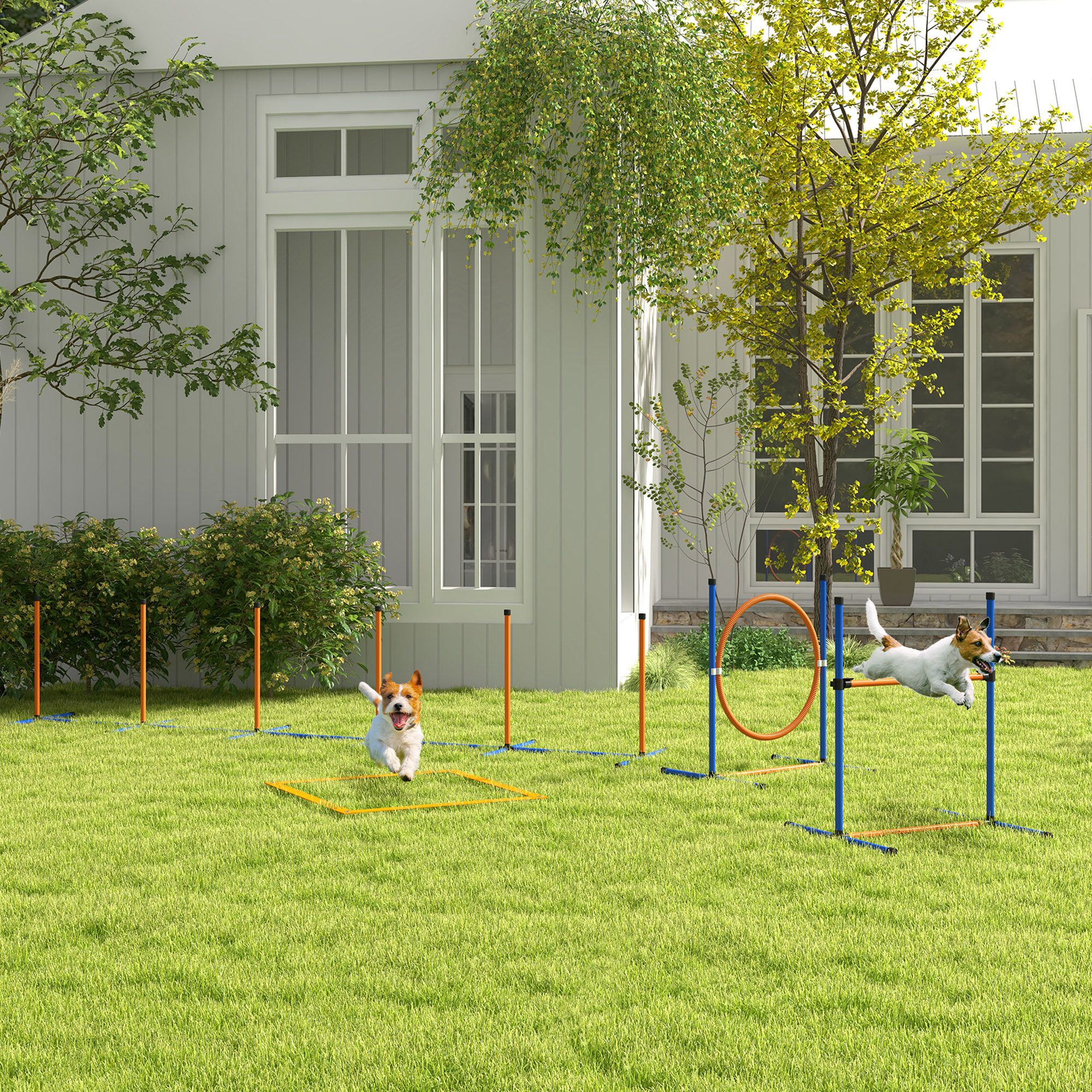 Set de Entrenamiento de Agilidad para Perros de 4 Piezas Juego de Agilidad para Perros con Piquetes para Slalom Zona de Reposo Valla y Anillo de Salto Naranja y Azul