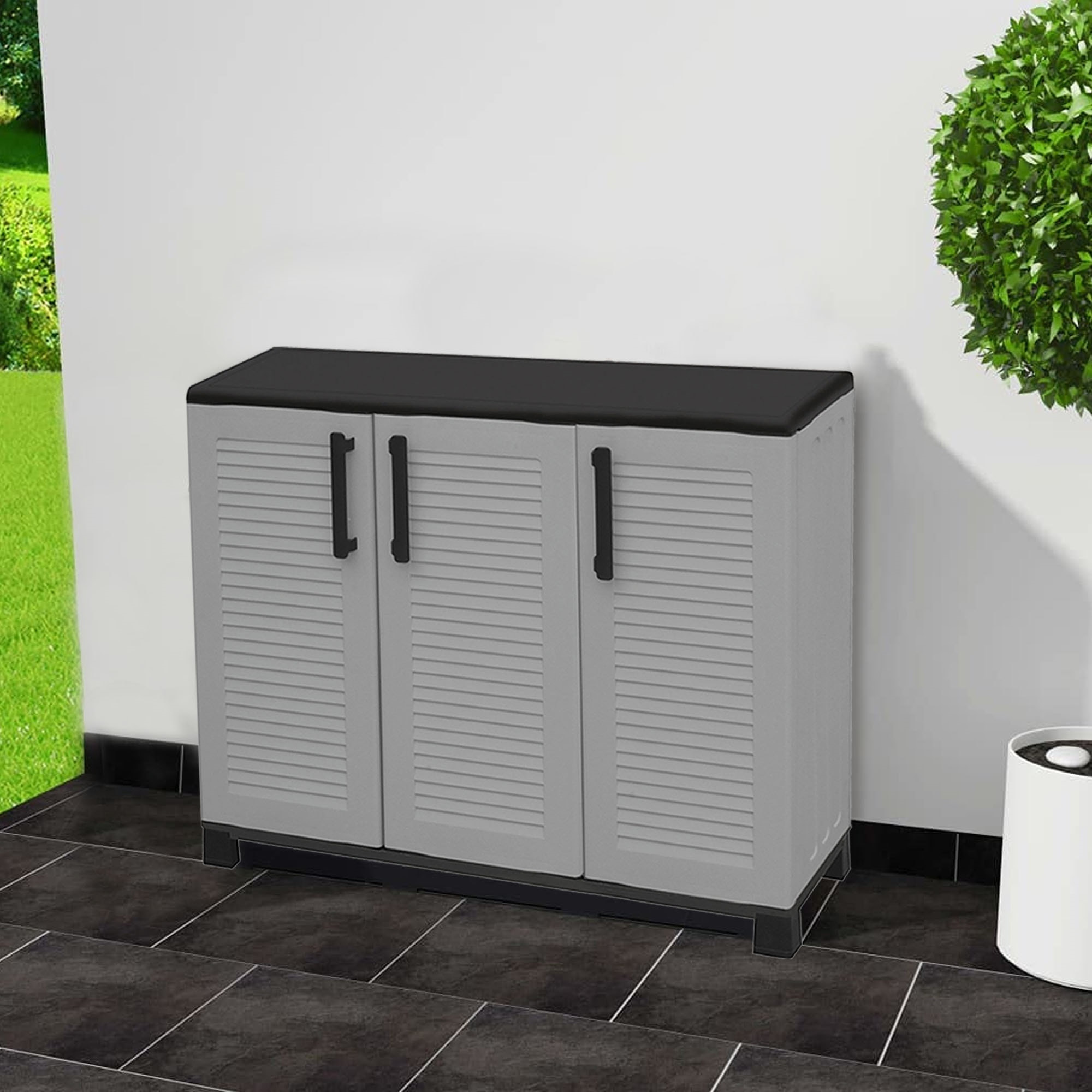 Armario de mediana altura en polipropileno, material reciclable y ecológico sostenible, está equipado con bisagras de acero, estantes ajustables y los
