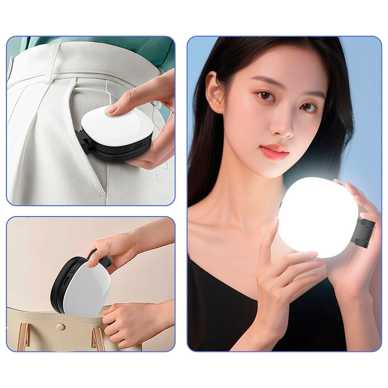 Lámpara de iluminación suplementaria para selfies con espejo, 3 tipos de luz, regulación de brillo y batería recargable.