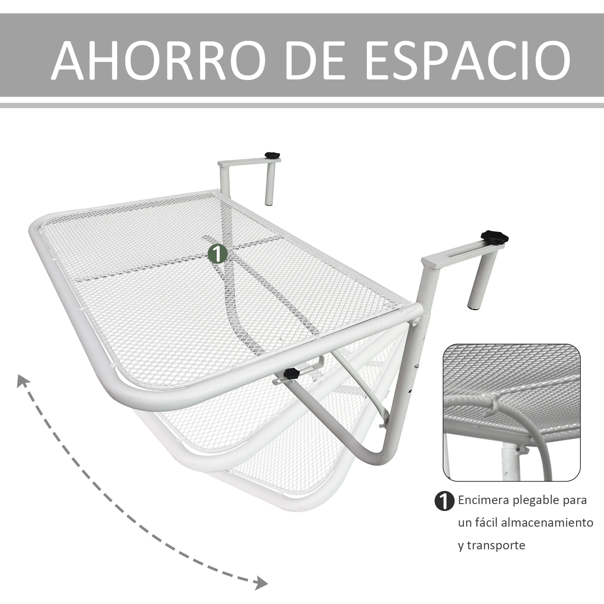 Mesa Colgante de Balcón con Brazo Regulable y Altura Ajustable en 3 Posiciones Marco Metálico Carga Máx. 30 kg 60x56,5x45 cm Blanco