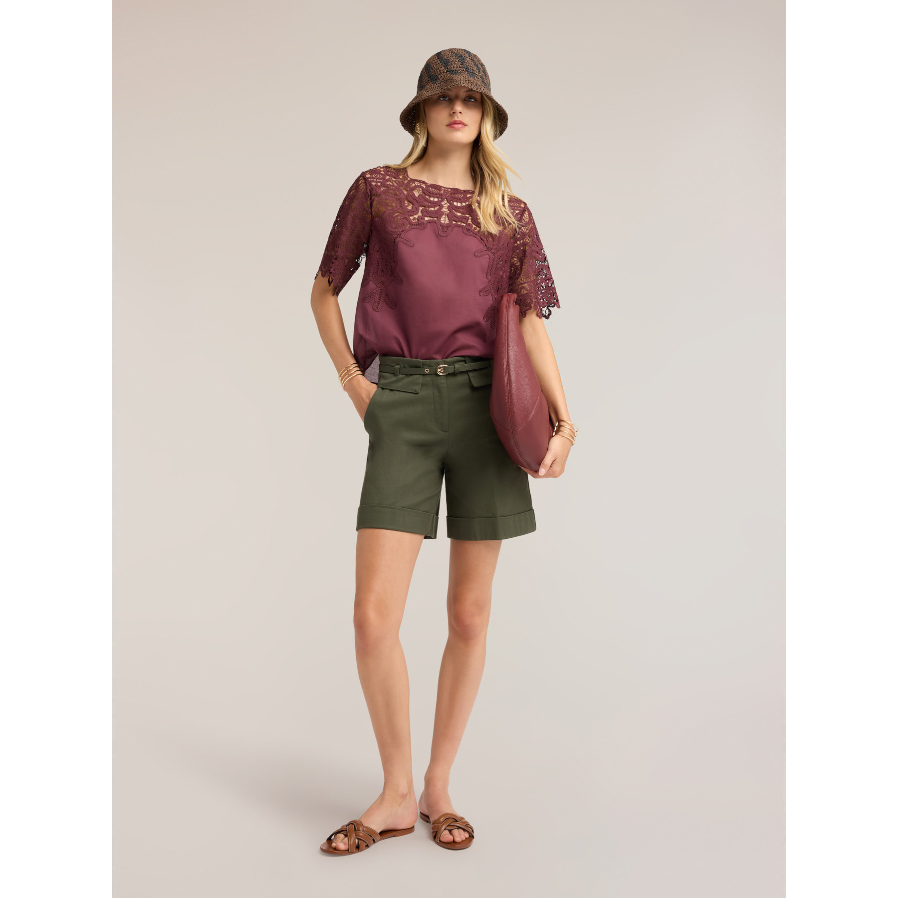 Motivi - Blusa in cotone con inserto in macramé - Viola