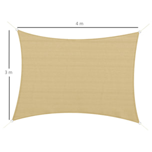 Voile d'ombrage rectangulaire grande taille 4 x 3 m polyéthylène haute densité HDPE résistant aux UV beige