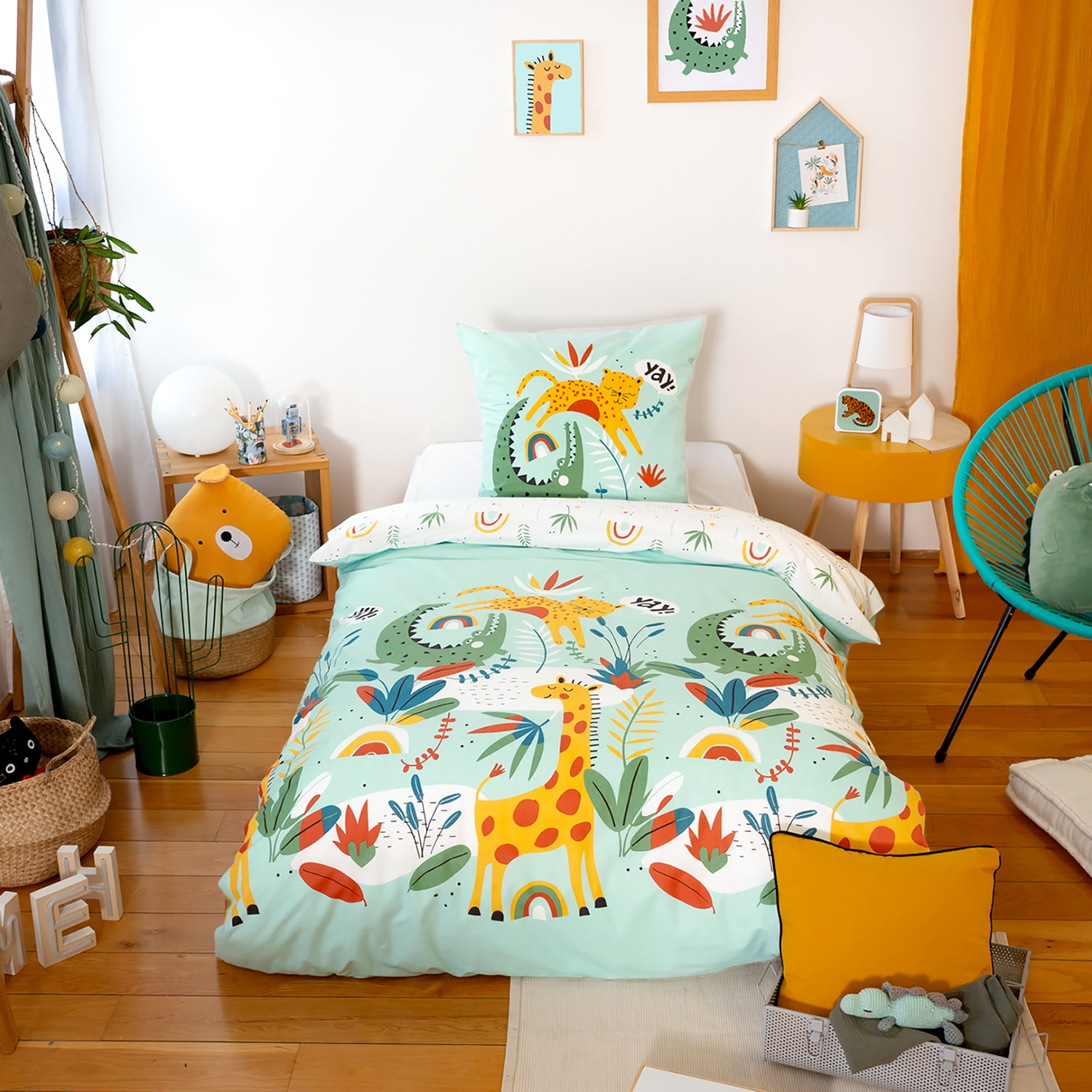 Parure de lit coton réversible turquoise imprimé savane / arc-en-ciel 1 place 140 x 200cm - Tanzania