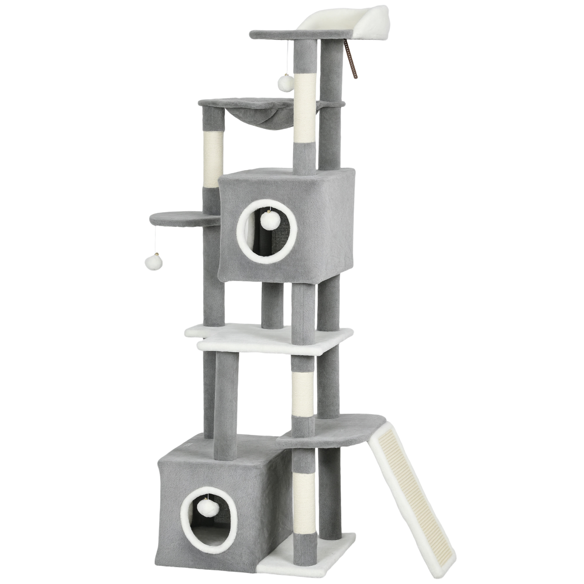 Arbre à chat design grande taille H.165cm équipements jeux multiples sisal naturel peluche gris blanc