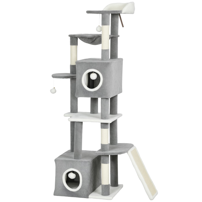 Arbre à chat design grande taille H.165cm équipements jeux multiples sisal naturel peluche gris blanc
