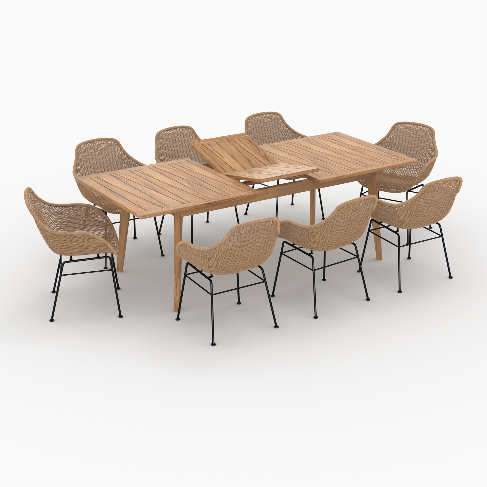 Table et chaises de jardin 8 personnes en bois de teck, résine tressée - Carmela