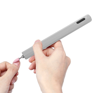 Mini buffer per unghie. Corpo in metallo, luce LED, selettore di direzione di rotazione. Batteria ricaricabile.