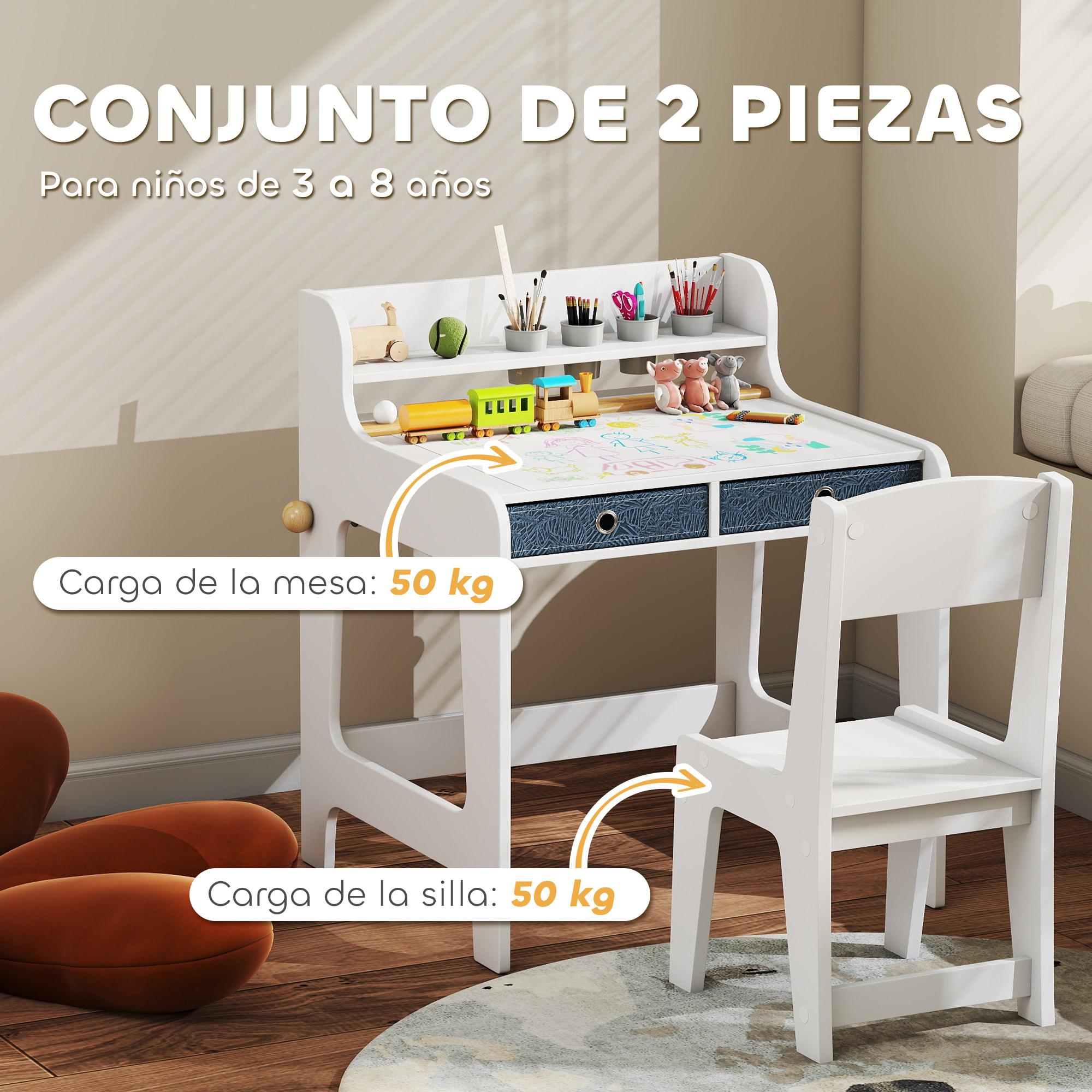 Escritorio Infantil con Silla, Pupitre Infantil con 2 Cajones Extraíbles, Estante y Portavasos, para Estudiar, Leer y Dibujar, Mesa para Niños para Dormitorio, Sala Estudio, Blanco