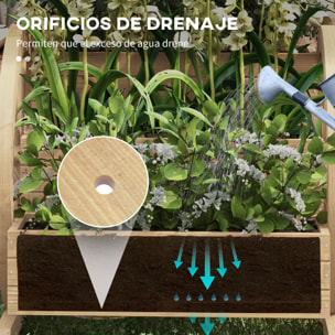 Jardinera de Madera Macetero Exterior de 3 Niveles Diseño de Escalera y Forma de Ruedas Orificios de Drenaje Huerto Urbano Cultivos Plantas Flores en Terraza Jardín 61x62x57 cm