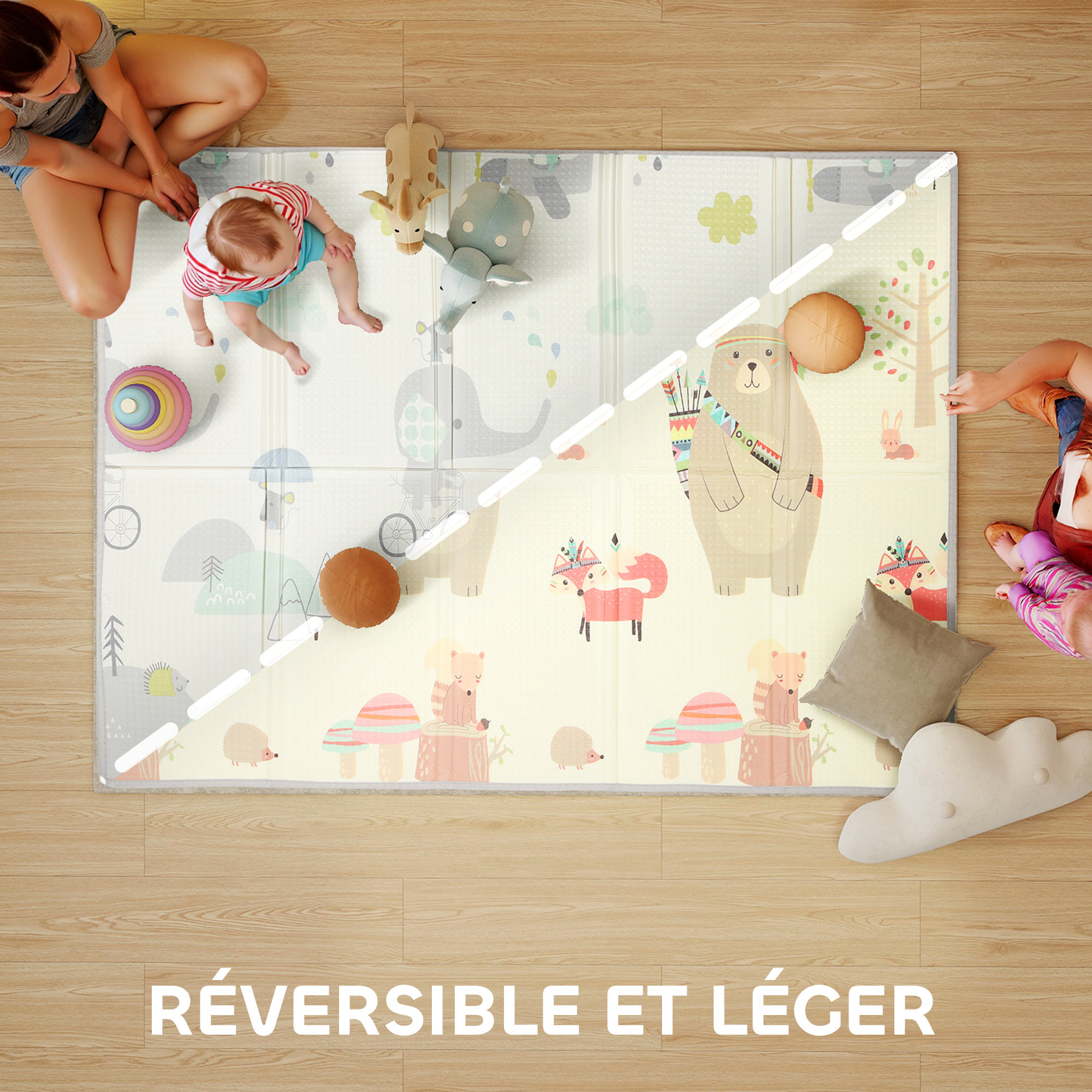 Tapis de jeu bébé pliable réversible motif animaux forêt - 200 x 150 x 1,5 cm - antidérapant imperméable
