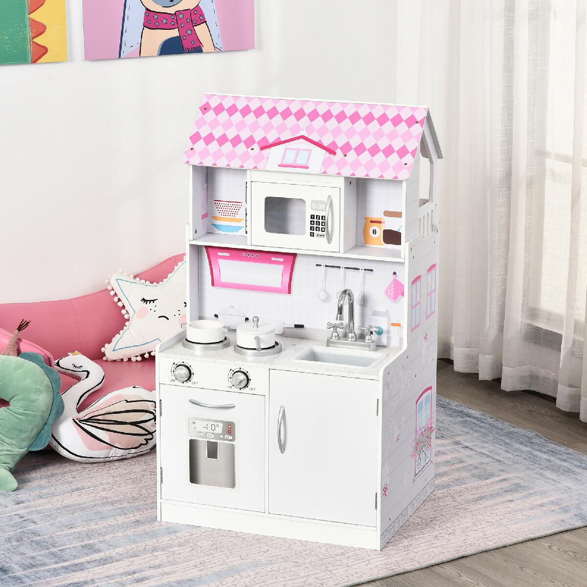 Cuisine bois jeu d'imitation - maison de poupée cuisine enfant 2 en 1 - nombreux accessoires & rangements inclus - MDF pin rose blanc