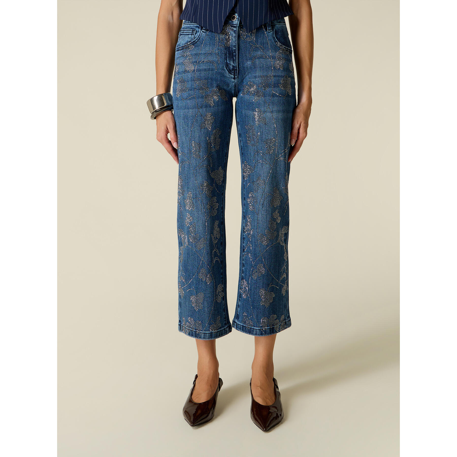 Oltre - Jeans cropped con applicazione di cristalli - Blu