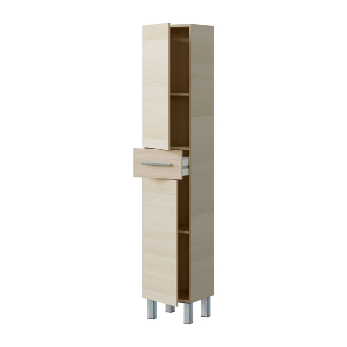 Mobile colonna Alka, Pensile bagno con 2 ante e 1 cassetto, Armadio alto, 35x31h182 cm, Rovere