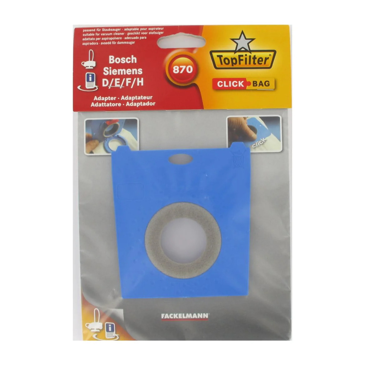Boite de 4 sacs aspirateurs universels Top Filter avec Adaptateur Click Bag pour aspirateurs Siemens et Bosch 870