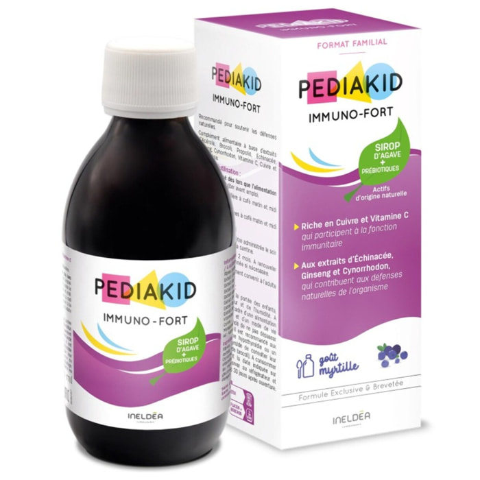 PEDIAKID - Complément Alimentaire Naturel Pediakid Immuno-Fort - Formule Exclusive au Sirop d'Agave - Aide à Soutenir les Défenses Naturelles de l'Organisme - Goût Myrtille