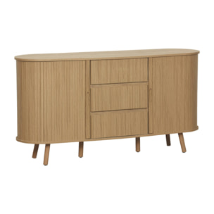 Buffet scandinave ovale 2 portes coulissantes. 4 compartiments. 3 tiroirs. effet bois rainuré. teinte naturelle. L 150 x P 40 x H 79cm