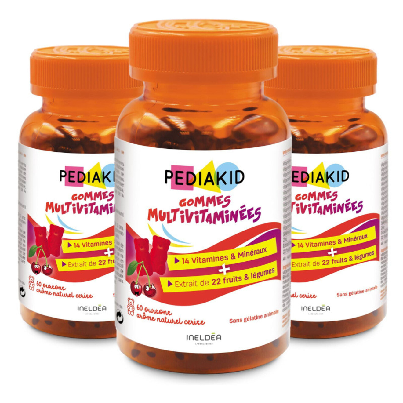 PEDIAKID - Gommes Multivitaminées - Formule Naturelle au Délicieux Arôme de Cerise - Contribue à la Réduction de la Fatigue - Soutient les Défenses Naturelles de l'Organisme - Lot de 3 piluliers