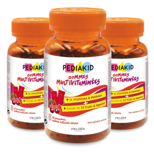 PEDIAKID - Gommes Multivitaminées - Formule Naturelle au Délicieux Arôme de Cerise - Contribue à la Réduction de la Fatigue - Soutient les Défenses Naturelles de l'Organisme - Lot de 3 piluliers