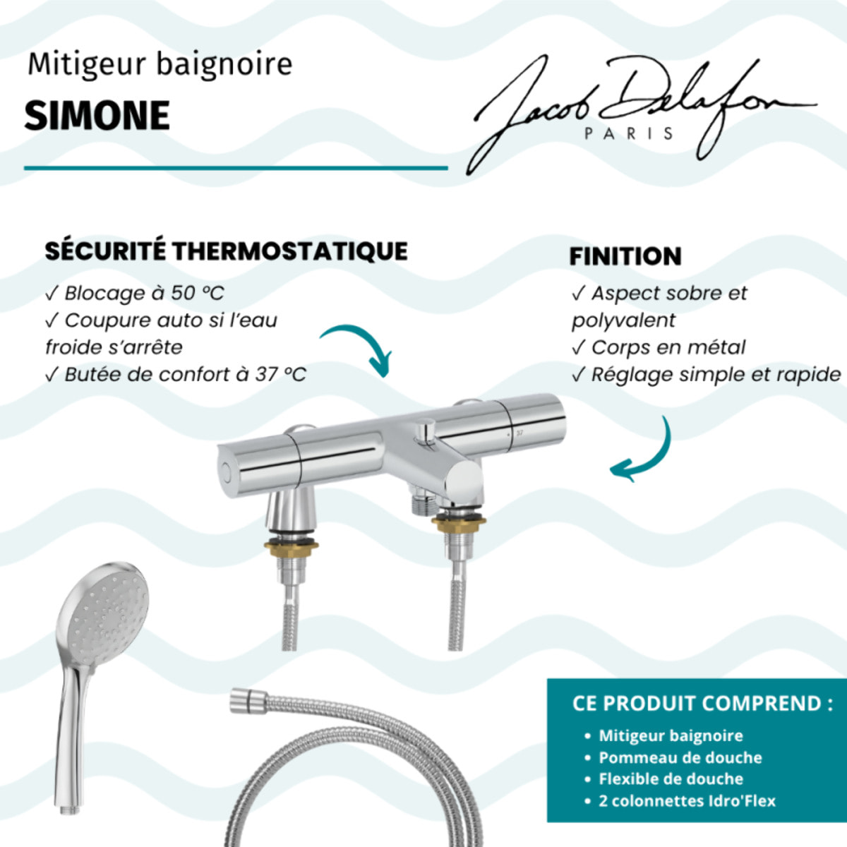 Mitigeur baignoire Simone + pommeau de douche Awaken + flexible de douche métal + colonnettes Idro'Flex