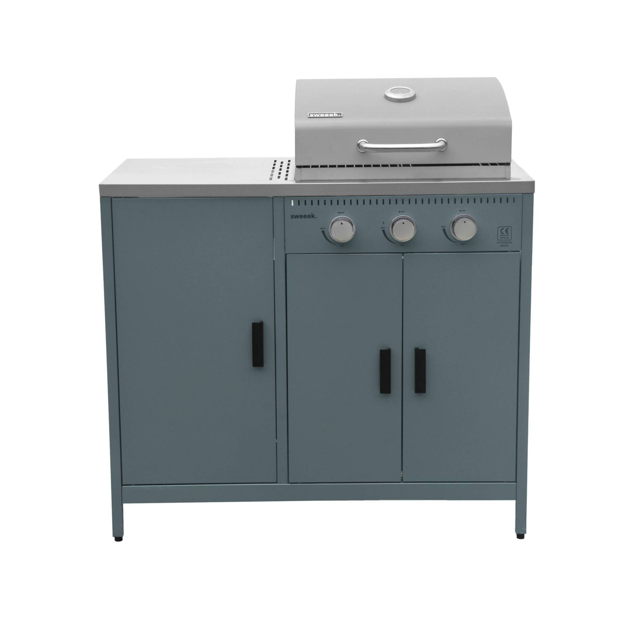 Cuisine extérieure Naxos 2 modules acier inoxydable bleu gris barbecue gaz 3 brûleurs avec évier