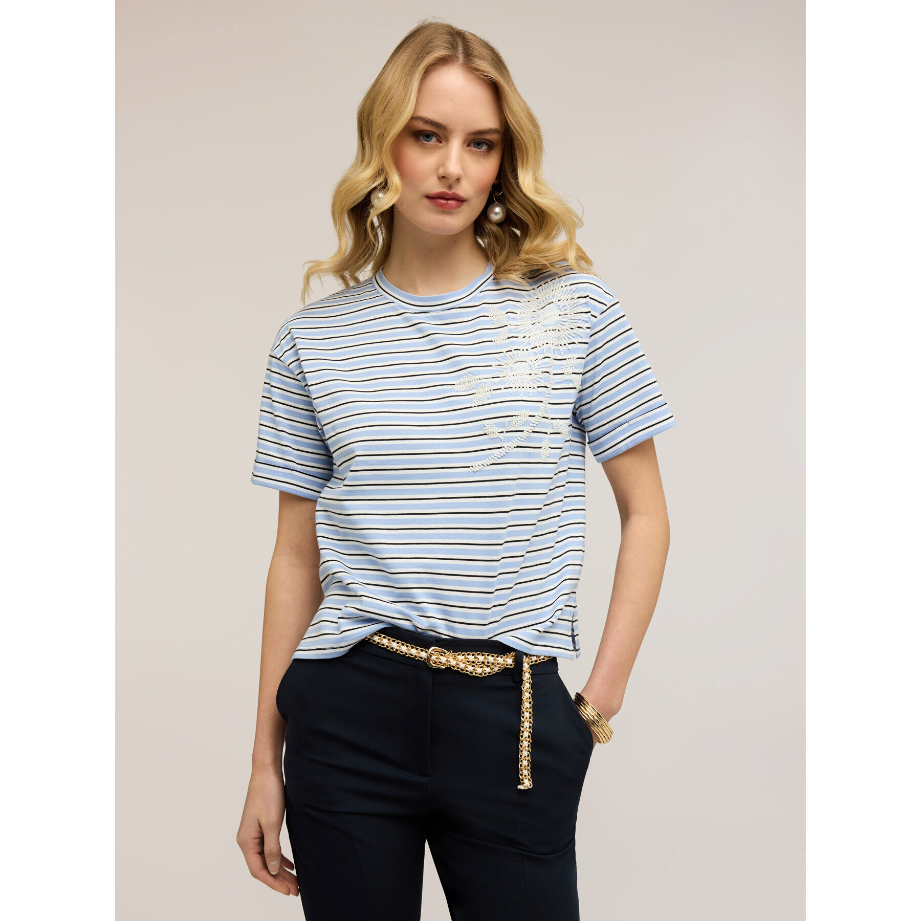 Motivi - Camiseta de rayas con bordado floral - Light - blue