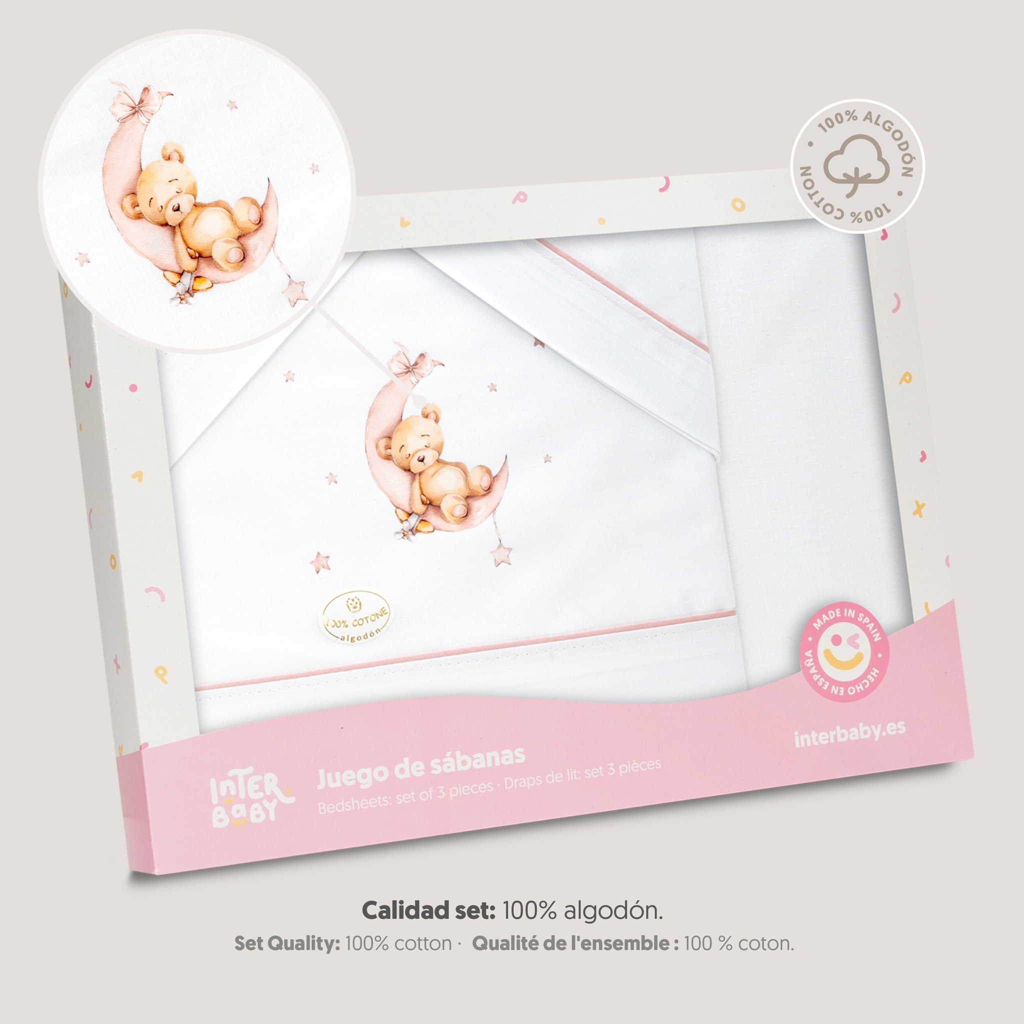 Triptico Minicuna Estampado Oso Luna Estrellas Bco/Rosa