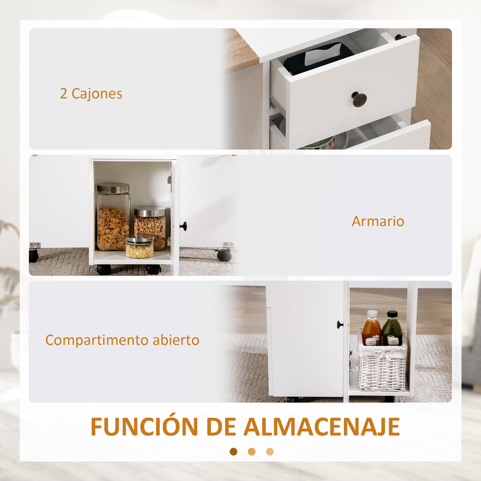Mesa Plegable de Comedor, Mesa de Cocina Plegable, con Ruedas, Alas Abatibles, 2 Cajones, Estante y Armario, Hasta 6 Personas, para Salón, Espacio Pequeño, 120x60x76,5 cm, Blanco y Natural