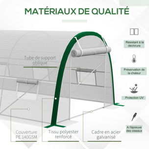 Serre de jardin tunnel surface sol 18 m² châssis tubulaire acier galvanisé renforcé 24 mm 8 fenêtres PE maillé blanc vert