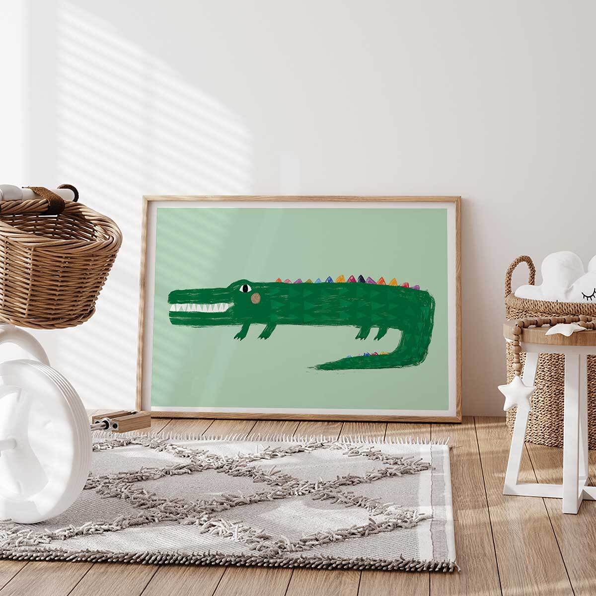 Affiche enfant crocodile vert  Affiche + cadre en bois - Chêne