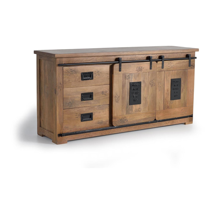 Aparador 2 puertas correderas y 3 cajones - madera de mango y metal - 80x165x45cm