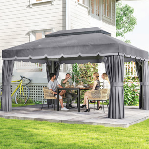 de Jardín 4x3 m, Pabellón de Jardín Gazebo con Doble Techo, 4 Cortinas y Mosquitera, Marco de Aluminio, Orificios de Drenaje, UPF50+, Carpa para Exterior, Terraza, Patio, Gris Oscuro