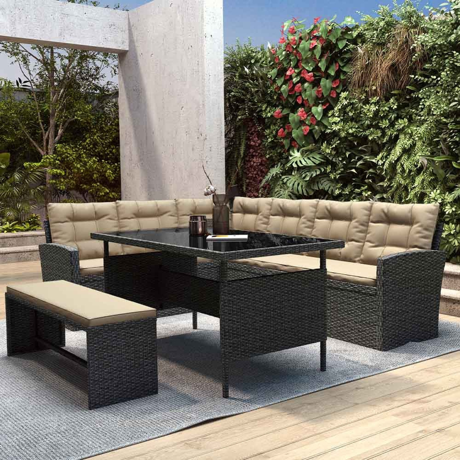 Salon de jardin 8 places résine gris foncé et beige OSCAR