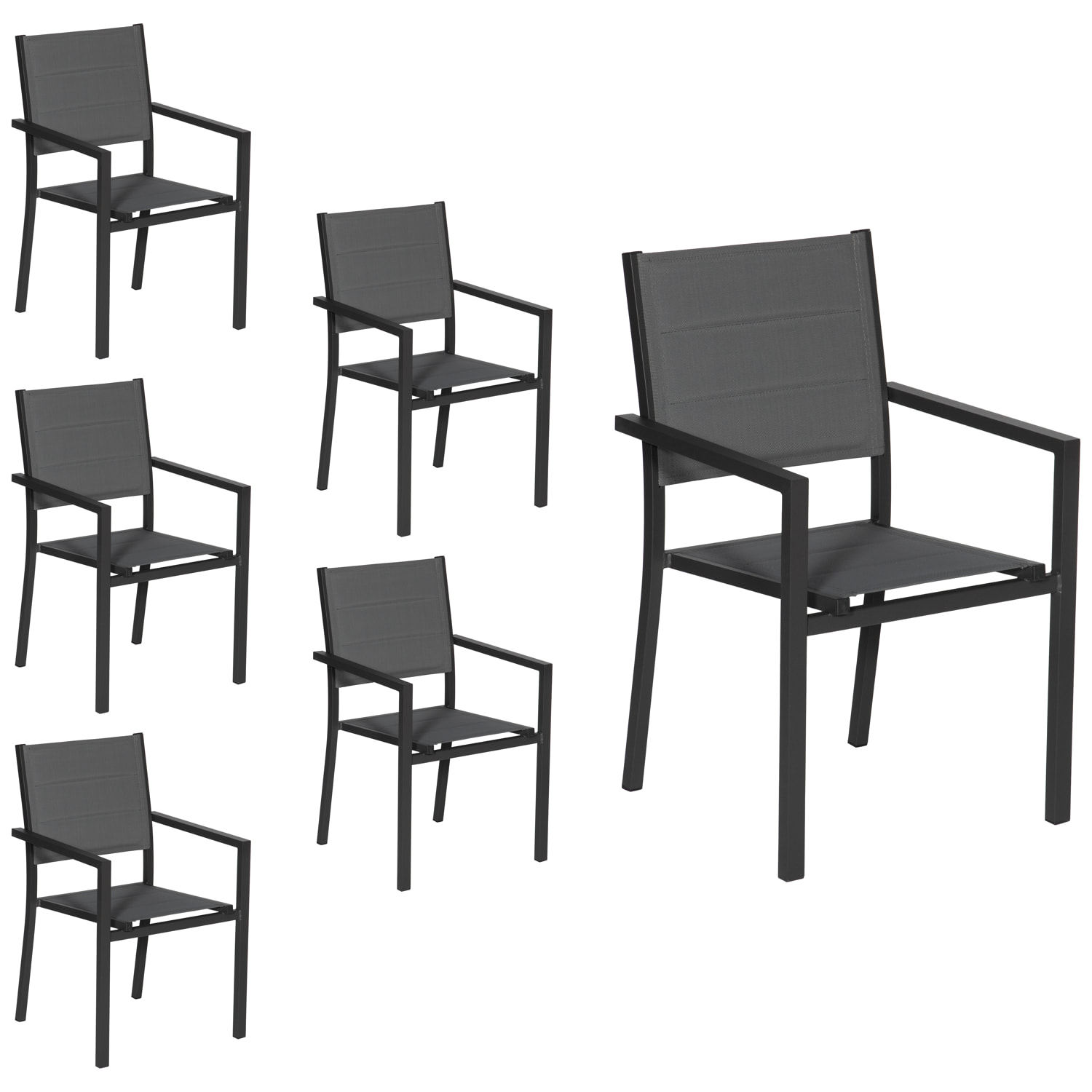 Lot de 6 chaises rembourrées en aluminium anthracite - textilène gris